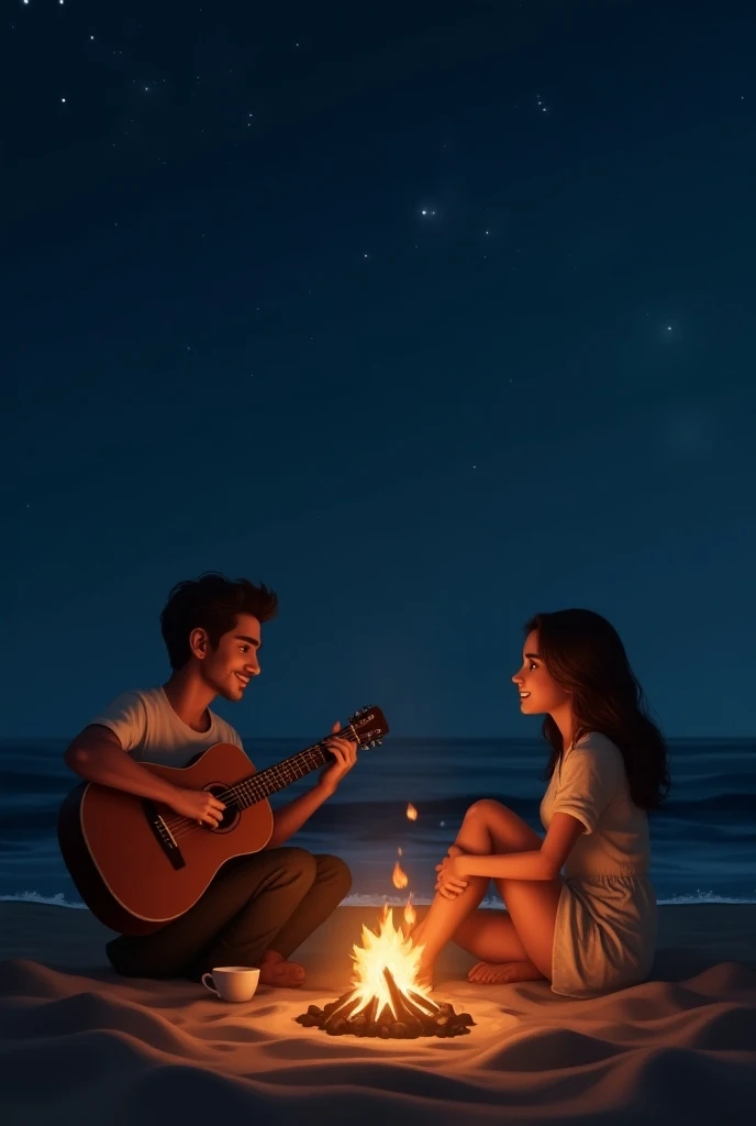 A man playing guitar in front of his wife in romantic date on beach side, enjoying bone fire, night view, realistic image 