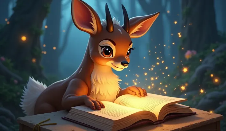 Milu reading the diary, with light shining from the pages, as the atmosphere around him changes