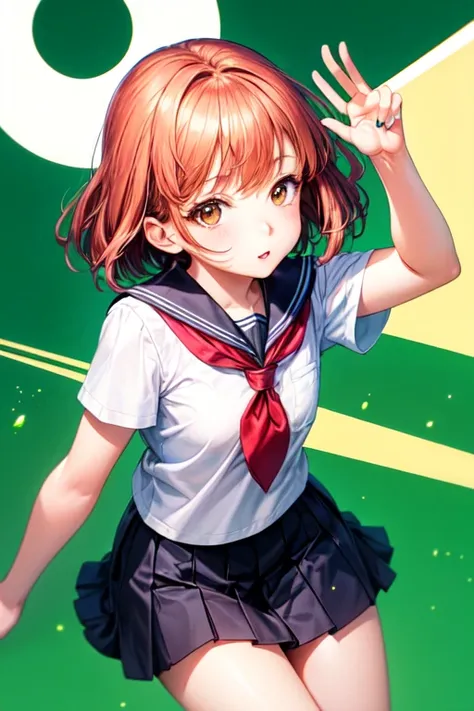  30 year old redheaded girl with white skin , brown eyes and short hair , with school uniform, with the green background and with air powers