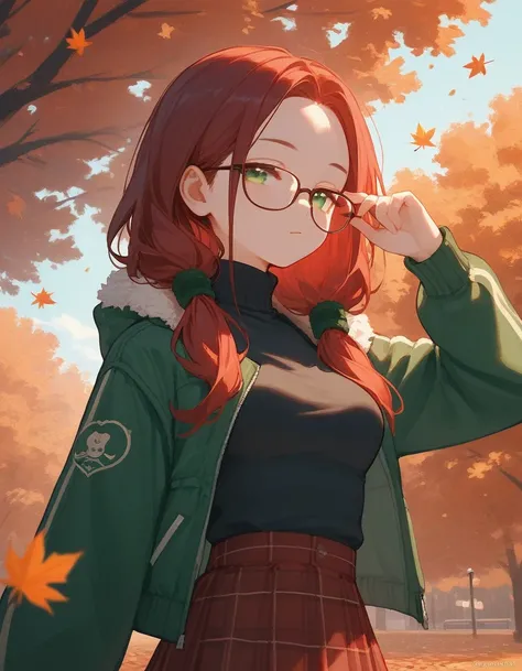 (close up), score_9, score_8_up, score_7_up, score_6_up, score_5_up, score_4_up, 1 girl, burgundy hair, long hair, glasses, two low ponytails, green eyes, (Puffer Jackets), (fur), turtleneck, medium breasts, skirt, autumn, leaves, ((pose)), park, black pan...