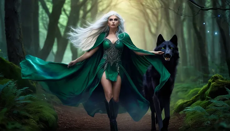 ultra-realistic, mystical scene featuring a sexy female pagan warrior with very long,  white hair flowing in däthe wind and striking green eyes. She wears nothing but a cape and high heels. A black wolf with glowing blue eyes walks beside her as they move ...