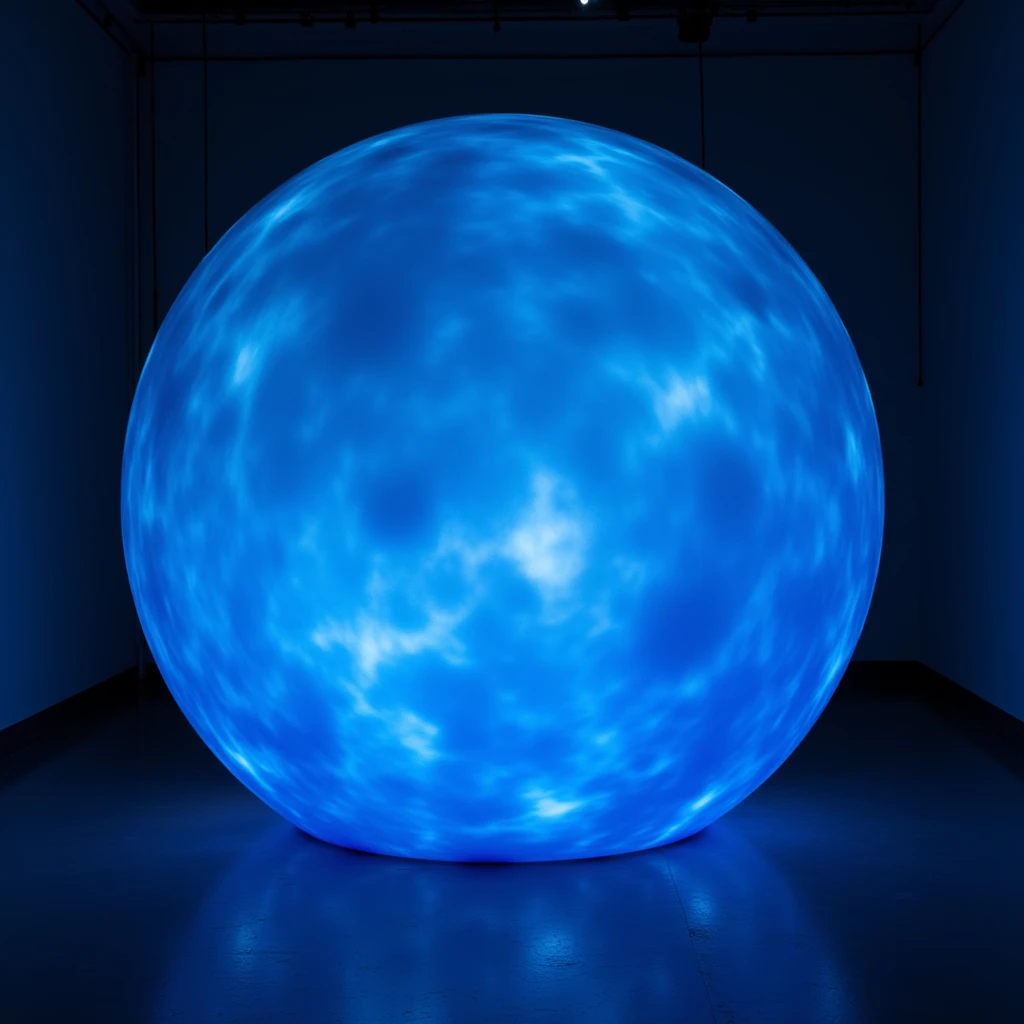 A mysterious big blue ball glowing within, emitting different shades of blue and white as the installation at the museum