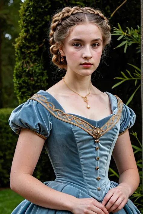 A lovely 18 year old girl with dark blonde hair pulled back on the sides into a braided half chignon with a few delicate ringlets about her shoulders and velvet brown eyes. She wears a late Victorian style pale blue velvet dress with gold piping along the ...