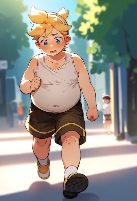 anime style, one boy, male child, cute, Kagamine Len, obese, tank top, brown shorts, (underbelly exposed), embarrassed, walking on a street, huffing and puffing, character focus