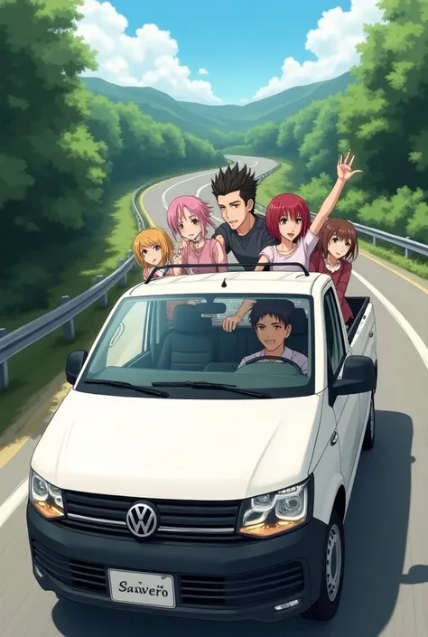 Young man with undercut hair and low beard , Driving a white Saveiro with teenage girls around anime style