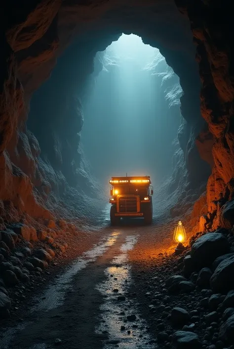  A busy underground mine ， The miners are working hard 。 Many huge ore piles can be seen in the distance ， The mine truck is shuttling back and forth on the track 。 An oil lamp is on in the mine ，It emits a dim light 。 There are some ores and tools scatter...