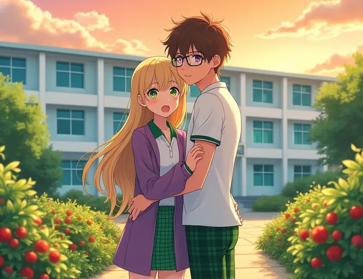  An 18-year-old anime-style white-skinned couple , To Love Ru, stopped (( the woman embraces the man behind the back  ))  in a huge garden behind a large white school with four-story blue tinted windows in Tokyo, In the surrounding area there are several f...