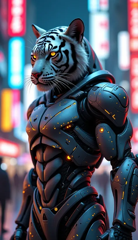 An ultra-realistic image of a tiger-Cyborg hybrid, symbolizing Japan. The figure has the body of a humanoide with futuristic, tech-enhanced Cyborg armor, set against the neon-lit streets of Tokyo. --ar 9:16 --v 6.1 --s 250