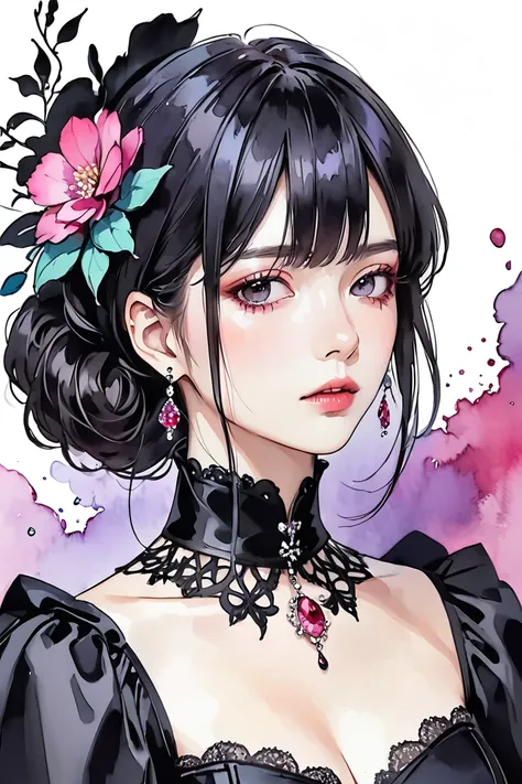  Realistic Gothic Digital Fashion Design Sketch with Water： Illustrations for Girls  ,  Extravagant Flower Jewelry ,Lonely ,  digital drawing , Thin Hair, (Black Line)，  illustration style,  digital illustration, Color Sketch, watercolor   illustration sty...