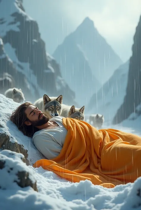 Jesus sleeping on a mountain with an orange sheet lying on the ground in the snow hugging a surrounded by wolves
a Jesús with long hair and a beard in the rain
