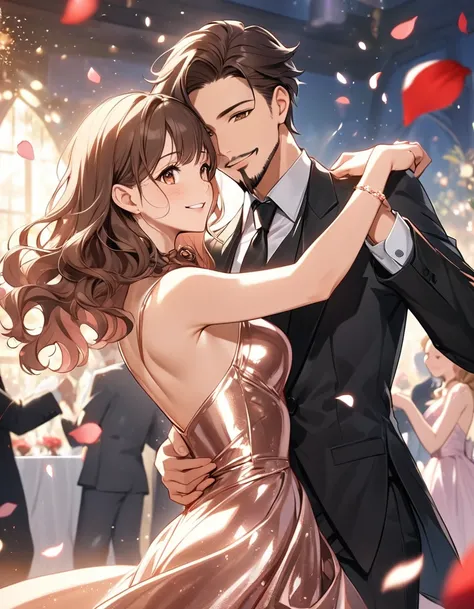 a couple, both 29 years old, light skin, in anime style, dancing together at a romantic party.  The man has wavy dark brown hair ,  goatee, Lean body,  and is wearing an elegant black suit with a common rose gold tie. He has a calm and gentle expression. T...