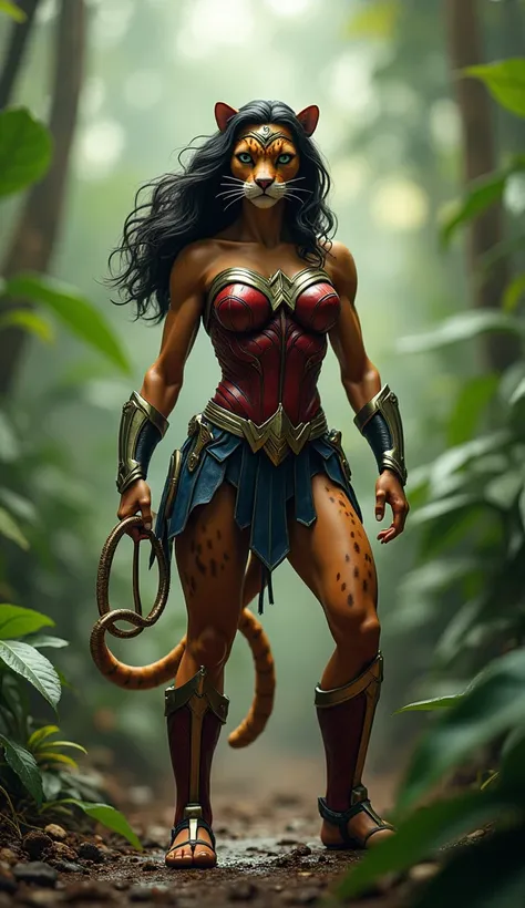 An ultra-realistic image of a jaguar-Wonder Woman hybrid, representing Brazil. The figure has the sleek, agile humanoide body of a jaguar, with Wonder Woman’s armor and lasso, standing in the Amazon rainforest. --ar 9:16 --v 6.1 --s 250