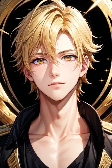 28-year-old male boy, blond hair with bright yellow eyes, with gold background