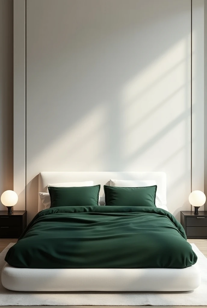 Professional 3d architecture rendering design of modern and minimal and high tech design for elegant bedroom with white bone bed  with dark green blanket and sheets and black wooden and bedside table and elegant white shade lamps 