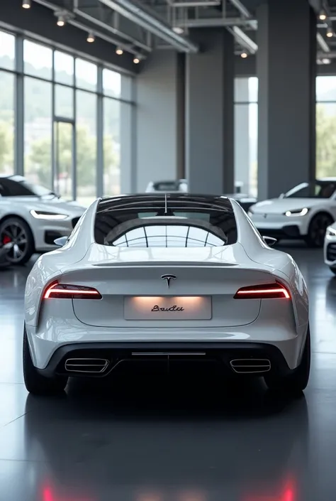 Generate a futuristic electric sedan seen from the rear, closely resembling a Audi, with sleek, curved lines and a modern, minimalist design. The car should be white, with smooth, glossy paintwork and LED tail lights that extend horizontally across the rea...