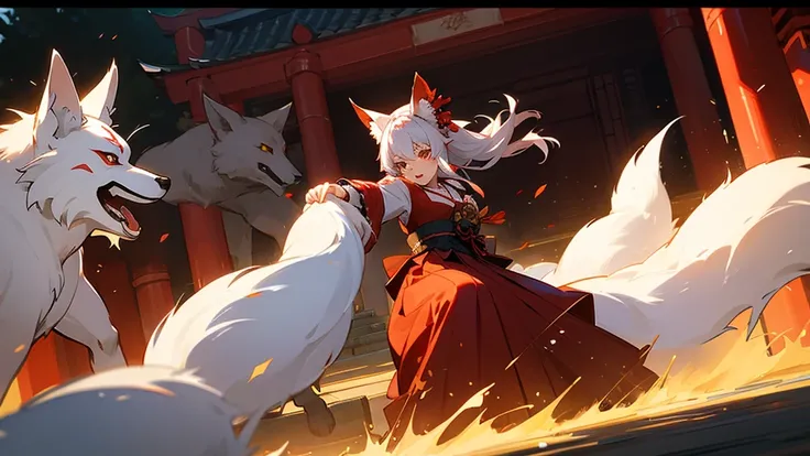 A group of samurai confronting a shrine maiden dressed as a fox spirit.　、battle　、Sacred fantasy style