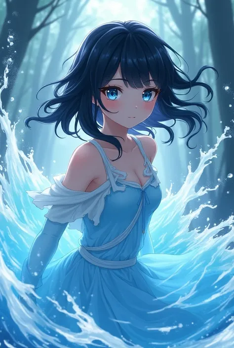 masterpiece, Melhor qualidade:1.2),  extremely detailed , absurdres, highres,  extremely detailed , ANIME STYLE, a girl with black hair and light blue eyes using her water powers 