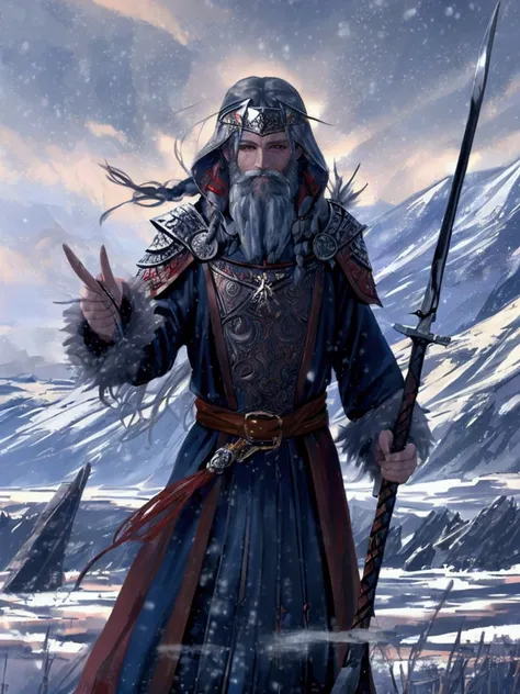 an ancient oil painting of a viking warrior, standing proudly with long braided hair and a full beard. he wears a weathered leat...