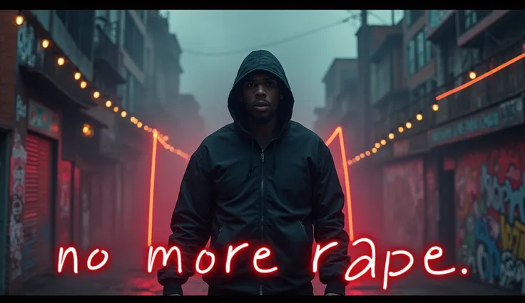 A powerful and intense rap scene set in a dark, urban landscape. At the top, bold text reads Saza-e-Maut in aggressive, impactful font, while at the bottom, No More Rape is written in large, strong letters. The background features gritty city streets, graf...