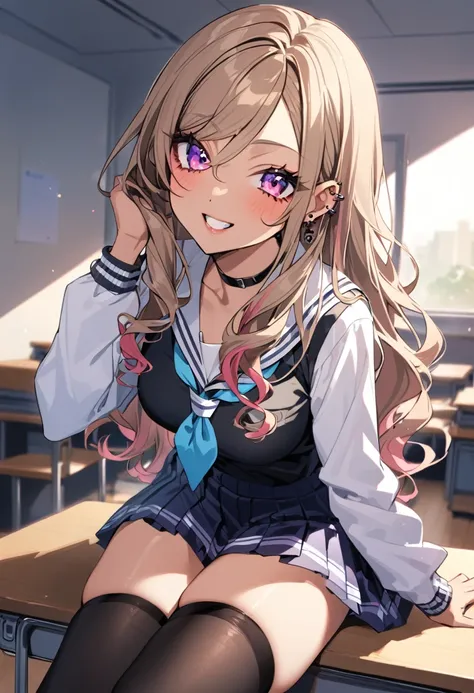 Gyaru woman in school uniform black choker thigh high black stockings ear piercings . Sitting on desk looking at camera 