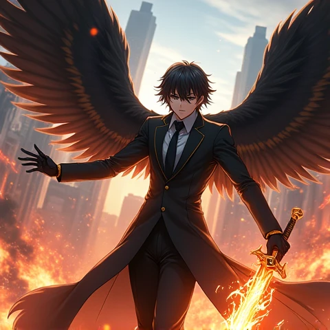 Anime character with black wings and black suit with a burning sword attacking and from behind a burning city