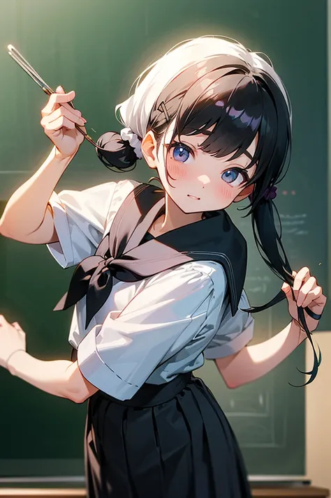   Black Hair  、cute、Beauty、、Professor uniform、  long twin tail、White scrunchie、White hairpin２t、Classroom blackboard