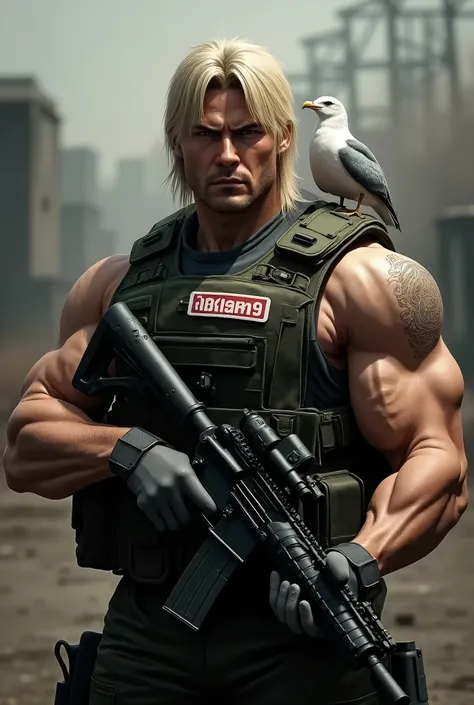  Picture a soldier, a guy pumped up, medium length blonde hair , parted in the middle on two sides  , with M4A1-S ,  the chest patch says GOELAN9 and a seagull on his shoulder