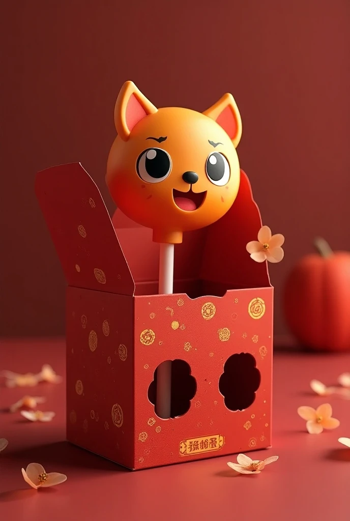 Individual packaging with a design that refers to Chinese Halloween.  A themed box that highlights the lollipop in a visually appealing presentation, like a box with windows shaped like eyes .