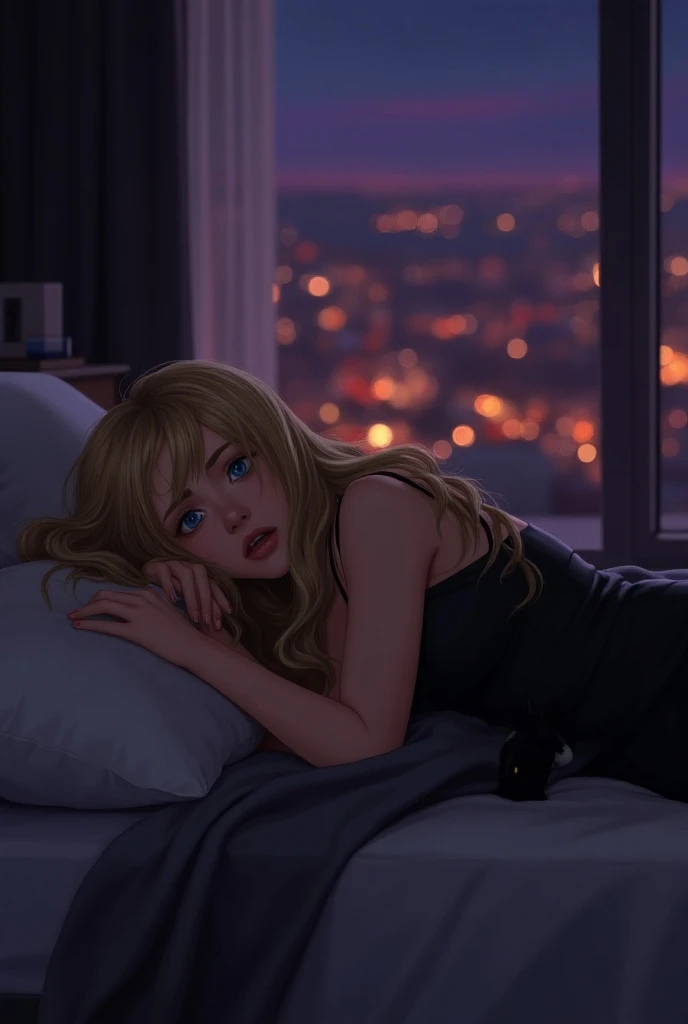  blonde, long hair Mullet style , beautiful woman with blue eyes lying on a bed with her head on the pillow and worried looking to the left,  wears a black dress with straps ,  a black cat that is next to you ,  It&#39;s dark outside,  but you can see the ...