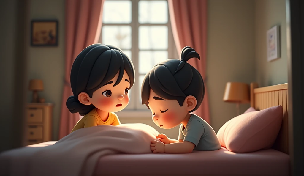 One quiet evening, in the small room, the sound of the wind outside whispered through the door frame. Baby Minh, a 3D chibi animation of about two years old, lies still on the bed, his face rosy and his eyes dim, occasionally moaning softly because of disc...