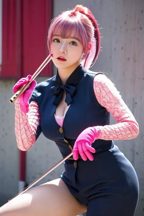 Pink Hair、 ponytail、Pink Gloves、suit、violin、spider、Big Breasts