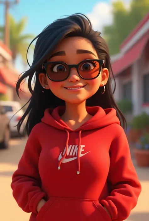 Pixar movie, 30 year old slightly chubby samoan woman with a smiling look on her face with shoulder length black hair tied back and rayban tinted glasses, wearing a red hoodie with Nike logo, poster, cinematic, illustration, conceptual art, anime