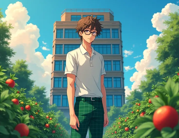 A 19 year old anime style white skinned man, To Love Ru,  standing in a huge garden behind a large white school with four-story blue tinted windows in Tokyo, In the surrounding area there are several fruit and vegetable plants ,  such as vegetables during ...