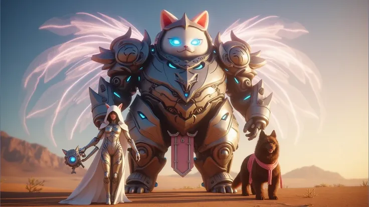 A hyper-realistic wide shot of a gigantic magical enchanted cybernetic mechanized armored bulky muscular fat female white cat titan knight with a pink bow on top of its head, glowing wispy sparkly smokey wings and an armored white cat helmet with blue glow...