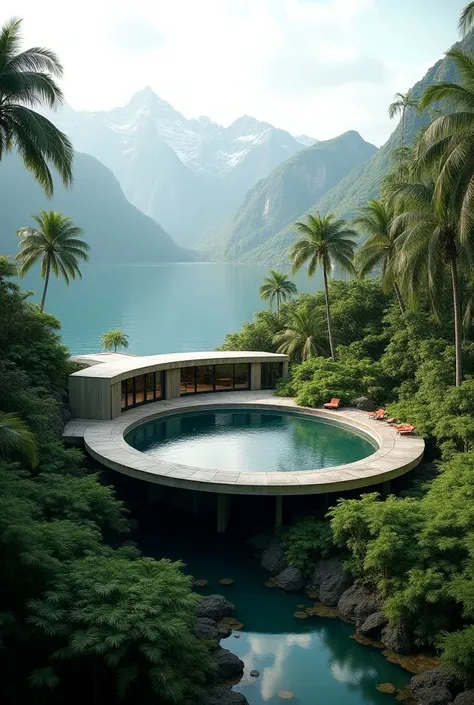 Circular model in the jungle with surrounding mountains and a lake