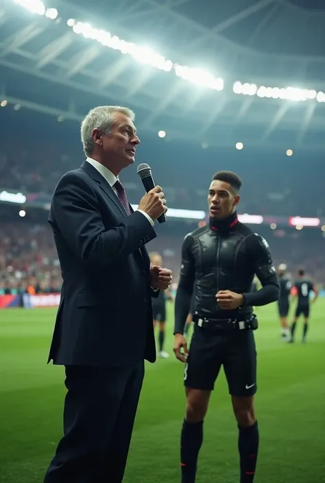  sir with a microphone talking on the court of a soccer stadium, He is with a sports diver  (The man is alone and behind are the 11 players)