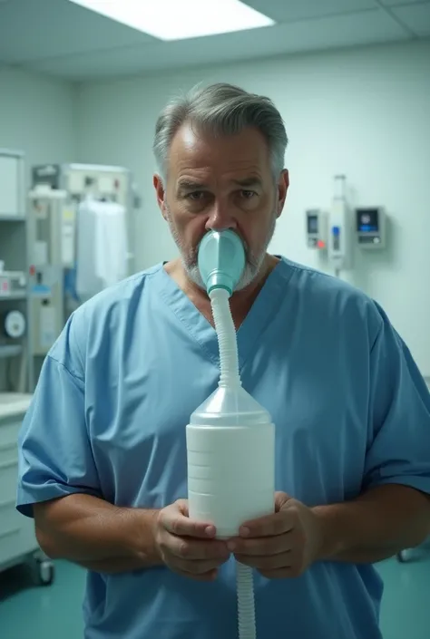 A man holding a oxygen mask in a hospital