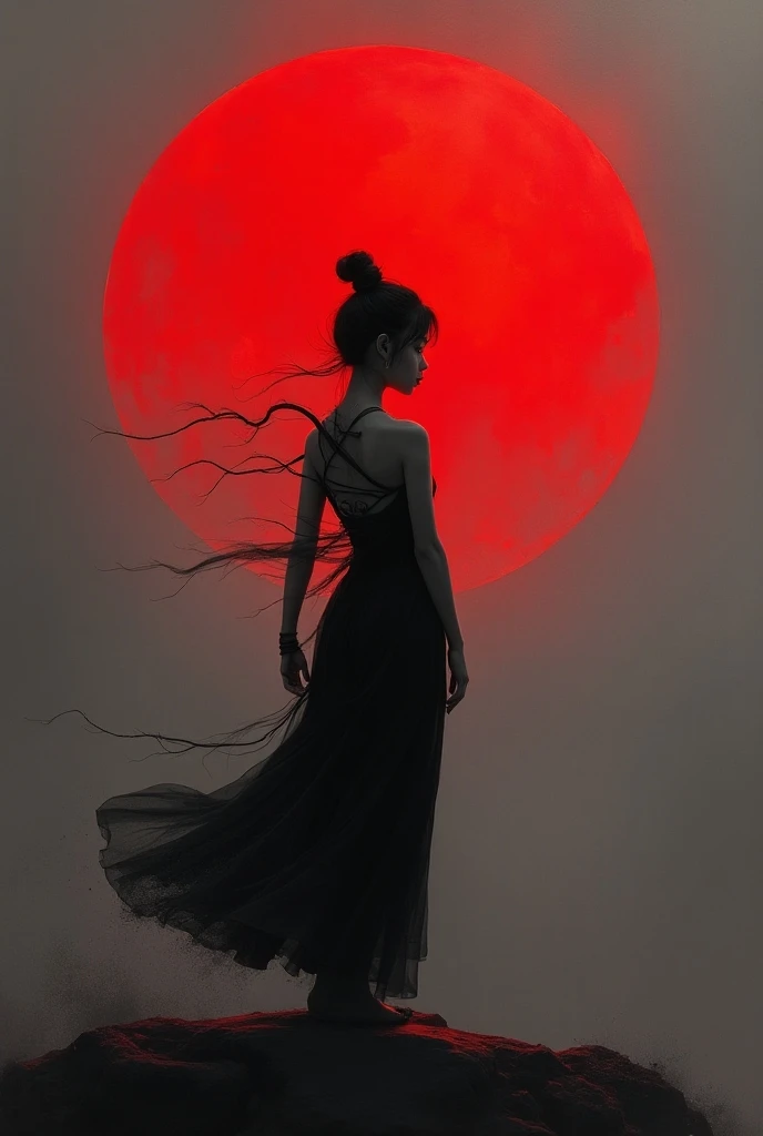 a black and white drawing of a korean girl with a neon red sun in the background, airbrush artwork, tai chi art, delicate movement, a dark and moody color palette, drawings of video game characters, stunning brushstroke rendering, full-length artwork, ethe...