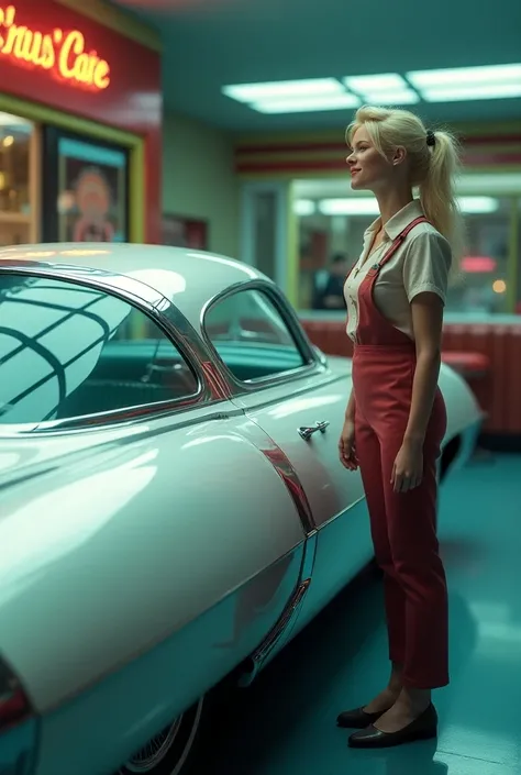  2000 vehicle drawn in the 1950s 　FUTURE RETRO DESIGN 　 Streamlined semicircular roof window 　 Car body is chrome plated to reflect the surrounding background 　 Americas Future Diners Cafe sign 　 bluish image showing its age 　Female clerk standing next to ...