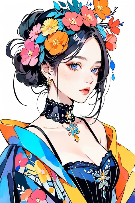 exotic na digital fashion design sketch： Illustrations for Girls  ,  Extravagant Flower Jewelry ,Lonely ,  digital drawing , Thin Hair, (Black Line)，  illustration style,  digital illustration, Color Sketch, watercolor   illustration style,Art Portraits 