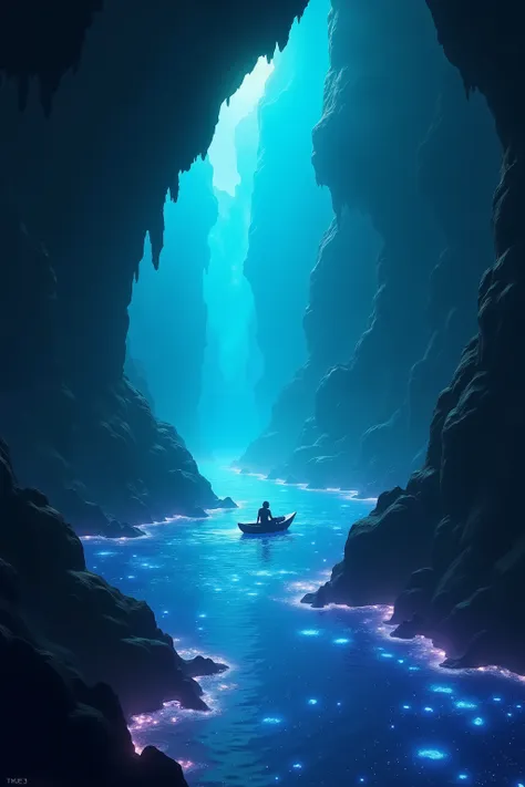 unreal engine, digital artwork, UHD, low angle shot, camera is haft under the water surface, scenery of a big rive flow inside a colossal dark cave, vibrant color bioluminescence water surface, there are many ores with shimmering light in the cave, there is a small boat and a man on it