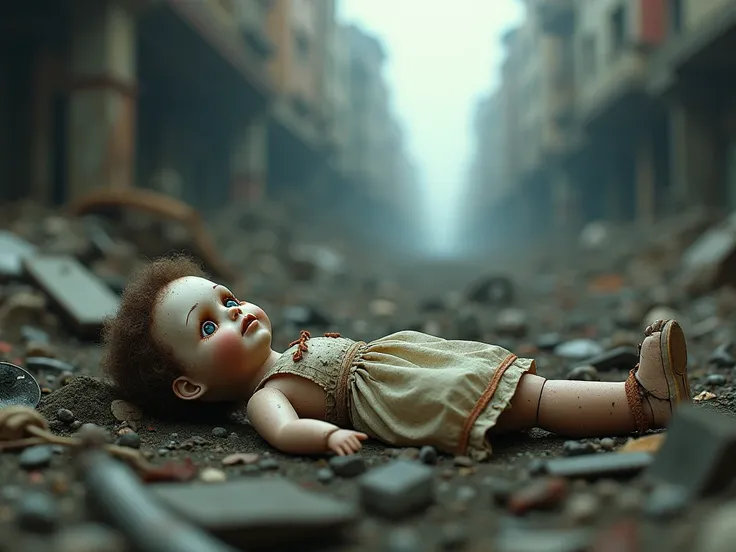 A single doll lying abandoned in the wreckage.