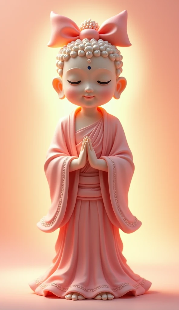 A standing, human-like Buddha figure, interpreted in a modern, stylized way to evoke the gentle, adorable qualities of a young girl. The entire figure is bathed in soft shades of pink-gold, giving it a delicate yet radiant glow. The Buddha’s face is round ...