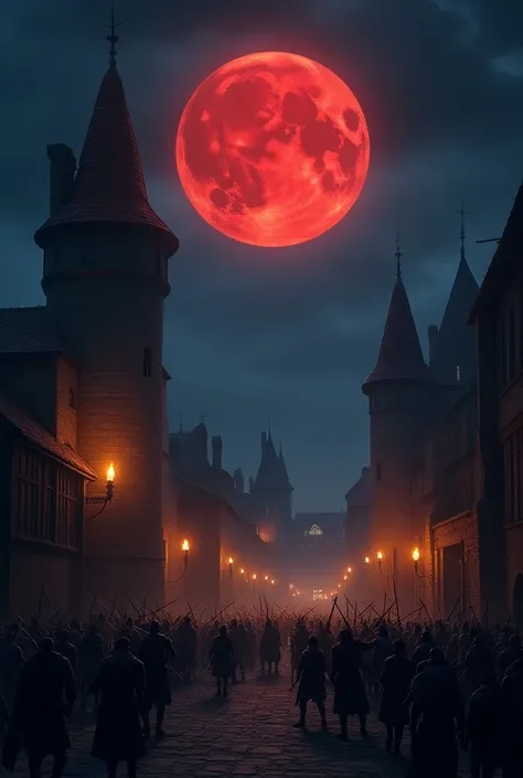  ILLUSTRATE a medieval city (panoramic view)  with the night sky a single beautiful red moon,  wooden walls , torch towers , left environment.  Zombies hitting the walls ,  soldiers attacking with bow and arrow .  War Dead vs. Living . Apocalyptic world,  ...