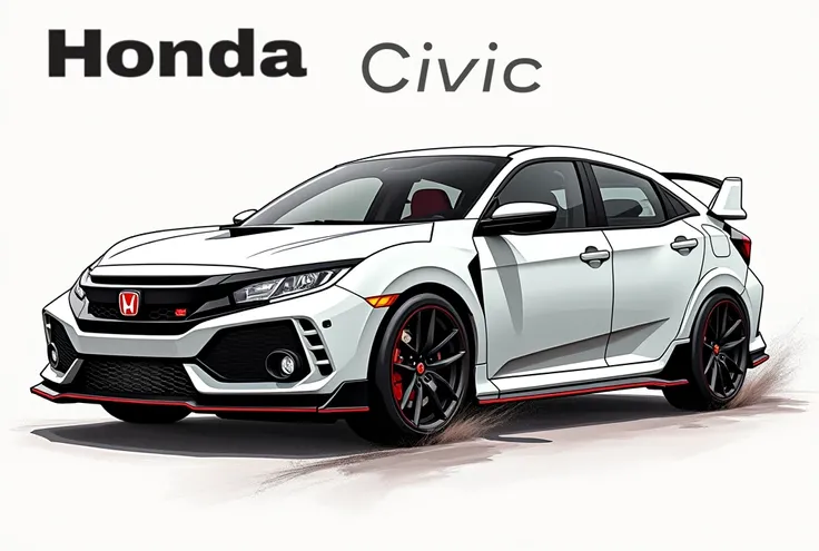 A highly detailed and elaborate sketch illustration of the Civic Type R EK9 is presented in a semi-realistic style. An all-white sports model, the car features meticulously drawn black details along the body, accentuating its sharp aerodynamic curves and a...