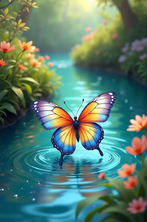 A butterfly walking in a green and yellow river 