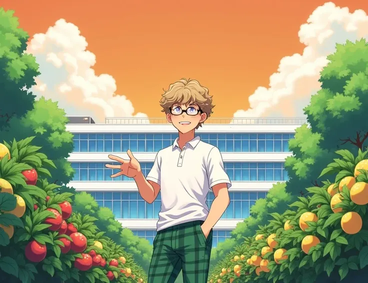 A 19 year old anime style white skinned man, To Love Ru,  standing in a huge garden behind a large white school with four-story blue tinted windows in Tokyo, In the surrounding area there are several fruit and vegetable plants ,  such as vegetables during ...