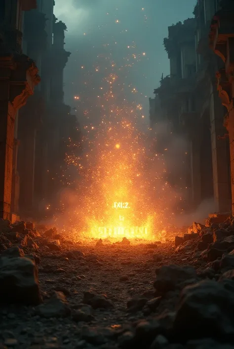 Glowing word "AZIZ DARMAWI" emerged from the rumble among the ruin, magical explosion effects, thin magic fog and many sparkles surrounding the text, 