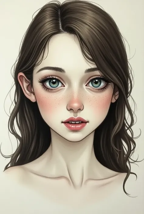 Drawing of a young woman with round and freckled face, with high cheekbones and perfectly straight teeth. She has faint scars on her small hands from burns from the food tray in the asylum. She has white skin, blue-green eyes, and dark brown hair that fall...