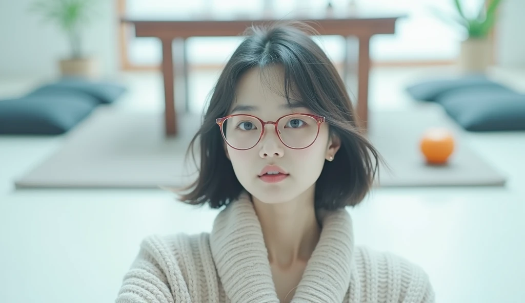 Majestic Japanese woman with short bob hair,Music album cover style, sweater, latest fashionable glasses, Japanese style room, Kotatsu, mandarin orange, 